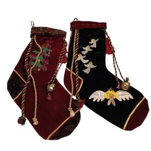 Victorian Velvet Christmas Embroidered Tree & Angels Bells Stockings Set Vtg‎
